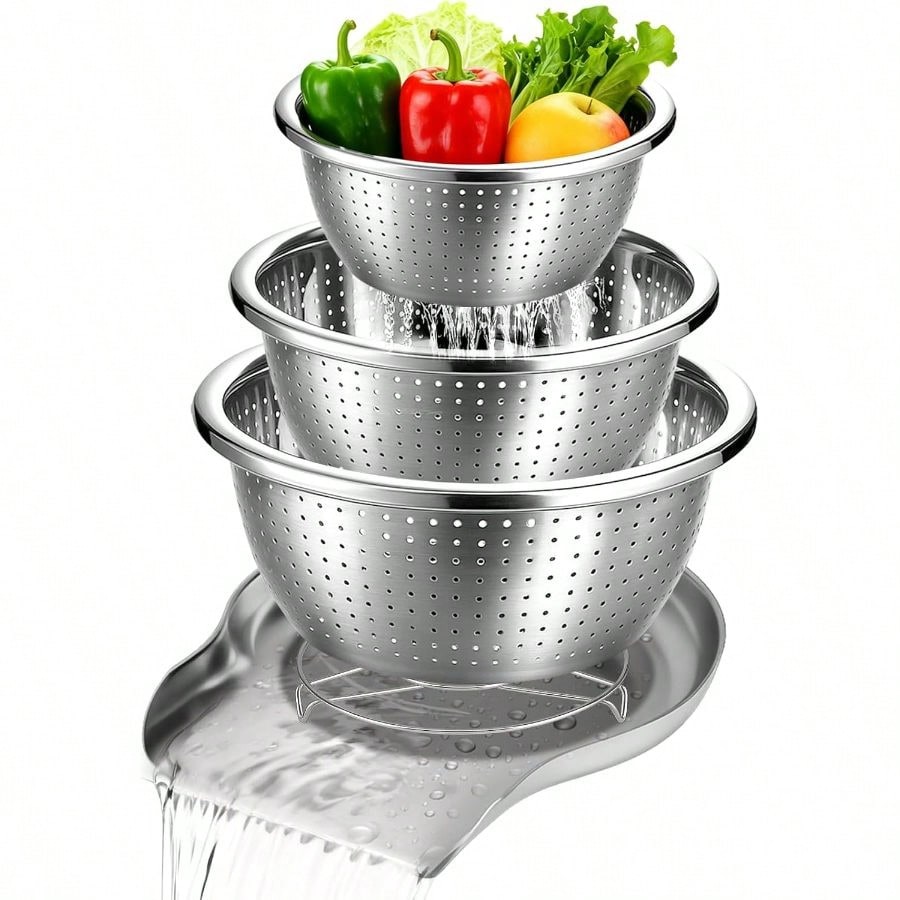 Home Cooking Fast Foods - 3-Piece Stainless Steel Colander Set With